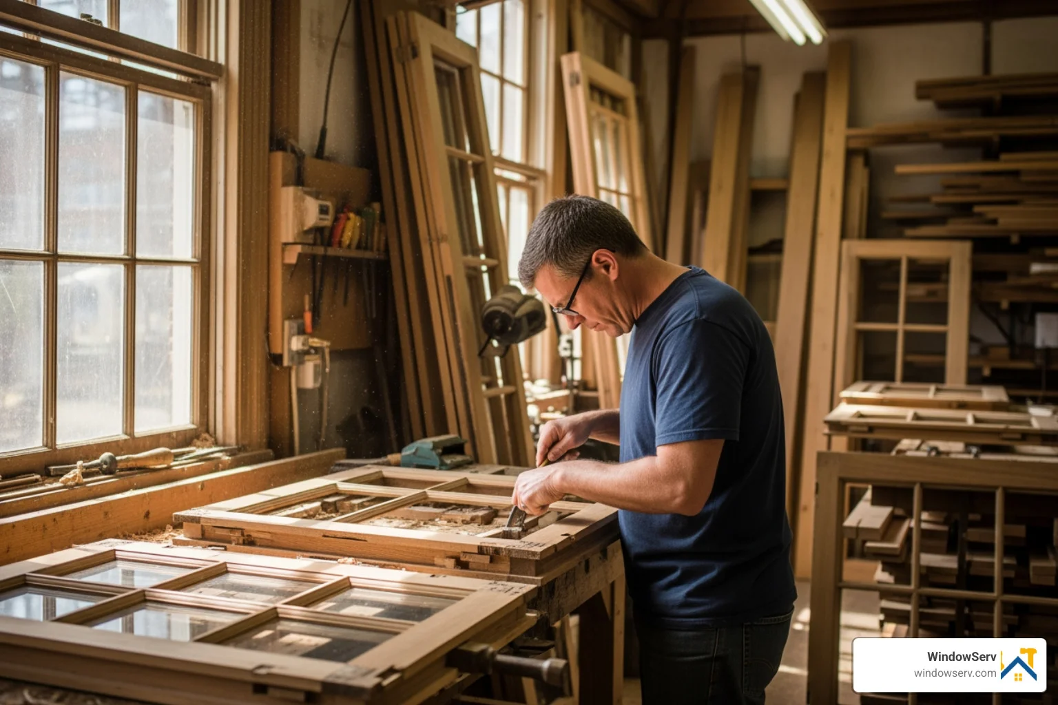 Craftsman in New Jersey workshop carefully repairing a historic wood window sash