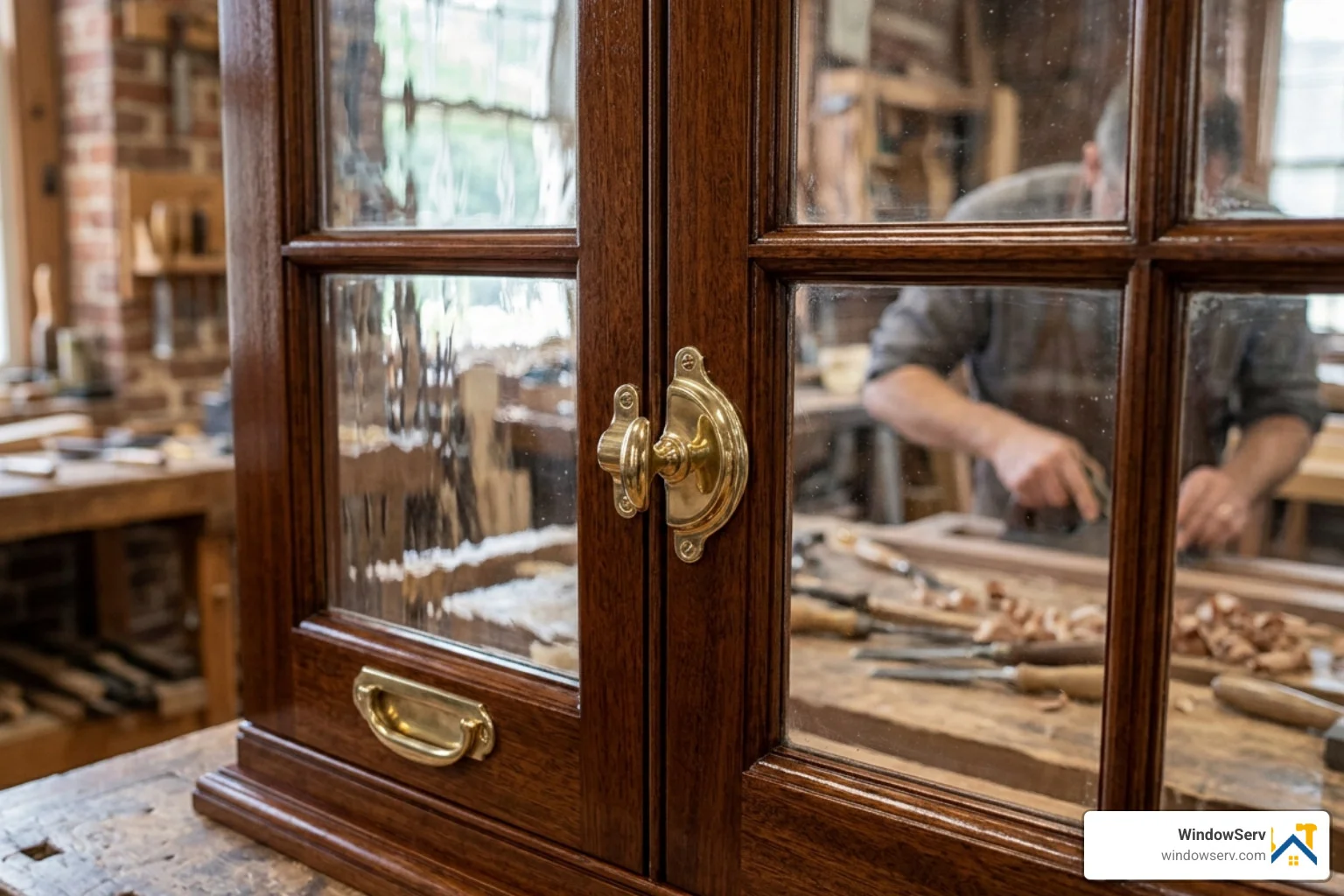 Detail of a beautifully restored wood window with polished hardware and smooth finish - window restoration warren county