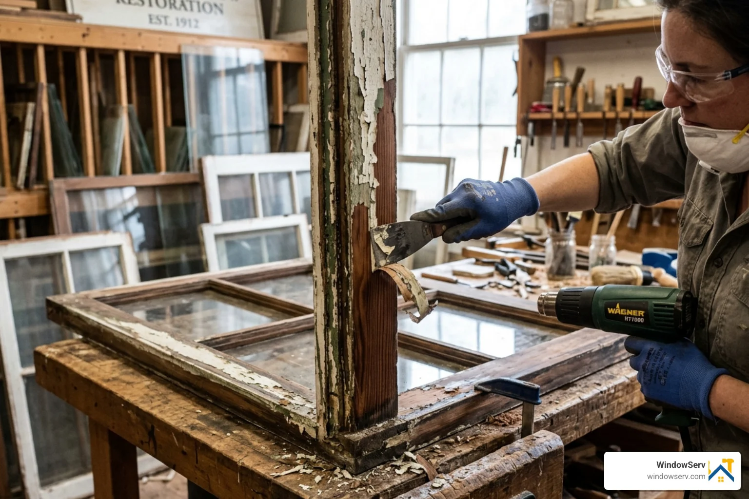 Professional window stripping process showing the removal of old paint layers to reveal original wood - window restoration