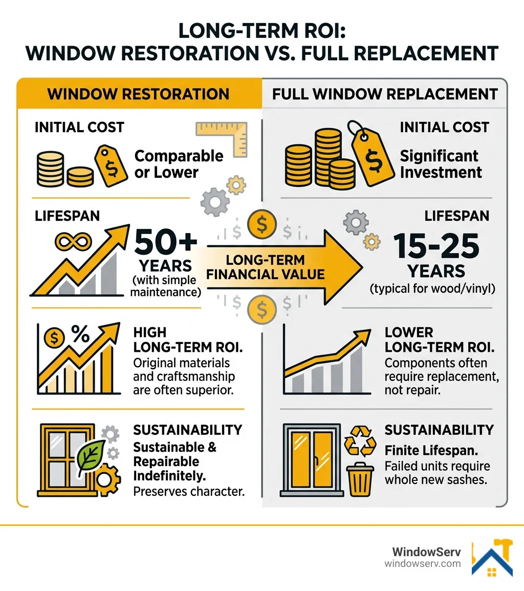 Table comparing the long-term ROI of window restoration versus full replacement - window restoration warren county
