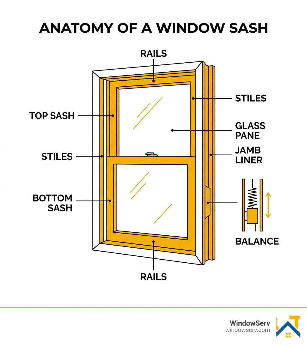 Infographic showing anatomy of a window sash: top sash, bottom sash, rails, stiles, glass pane, jamb liner, and balance Infographic showing anatomy of a window sash: top sash, bottom sash, rails, stiles, glass pane, jamb liner, and balance