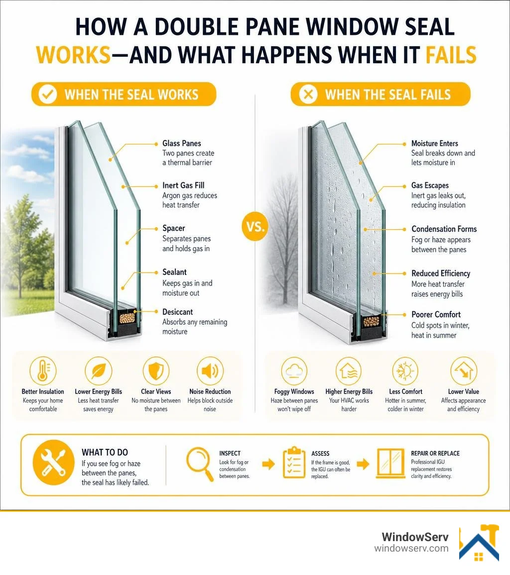 infographic showing how a double pane window seal works and what happens when it fails infographic