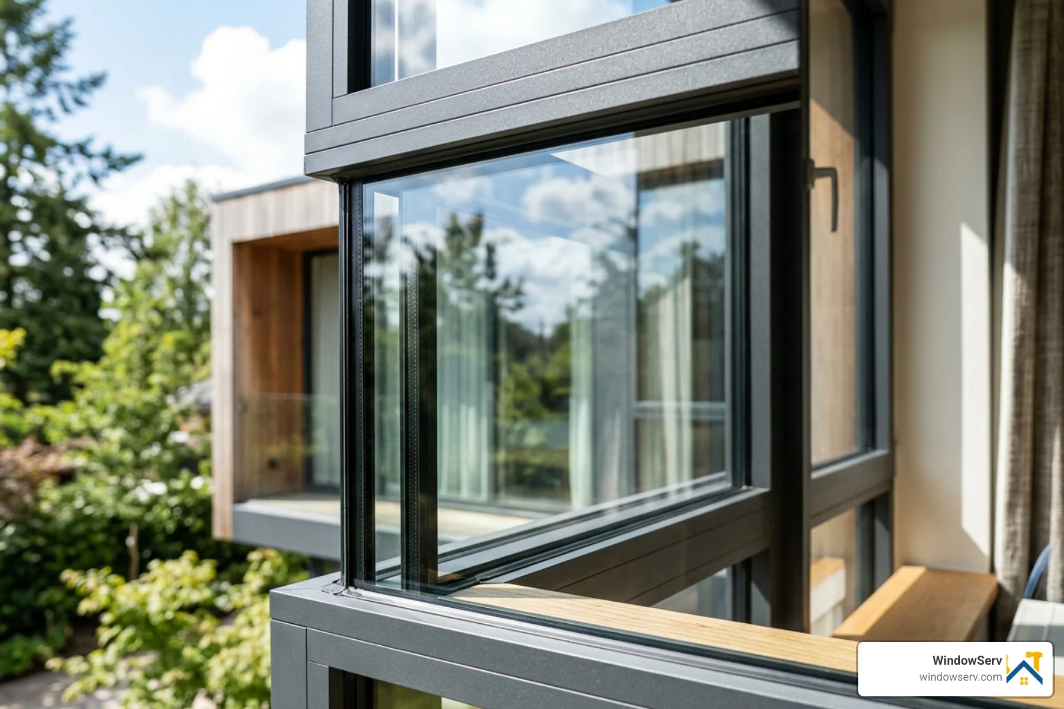professionally repaired clear double pane window with light reflection