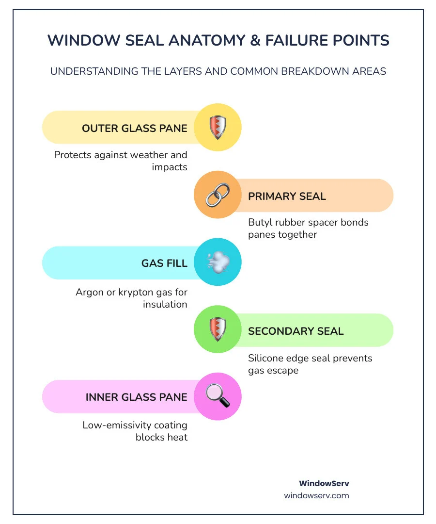 Window seal anatomy infographic showing pane layers, gas fill, and seal failure points - window seal replacement cost Window seal anatomy infographic showing pane layers, gas fill, and seal failure points - window seal replacement cost