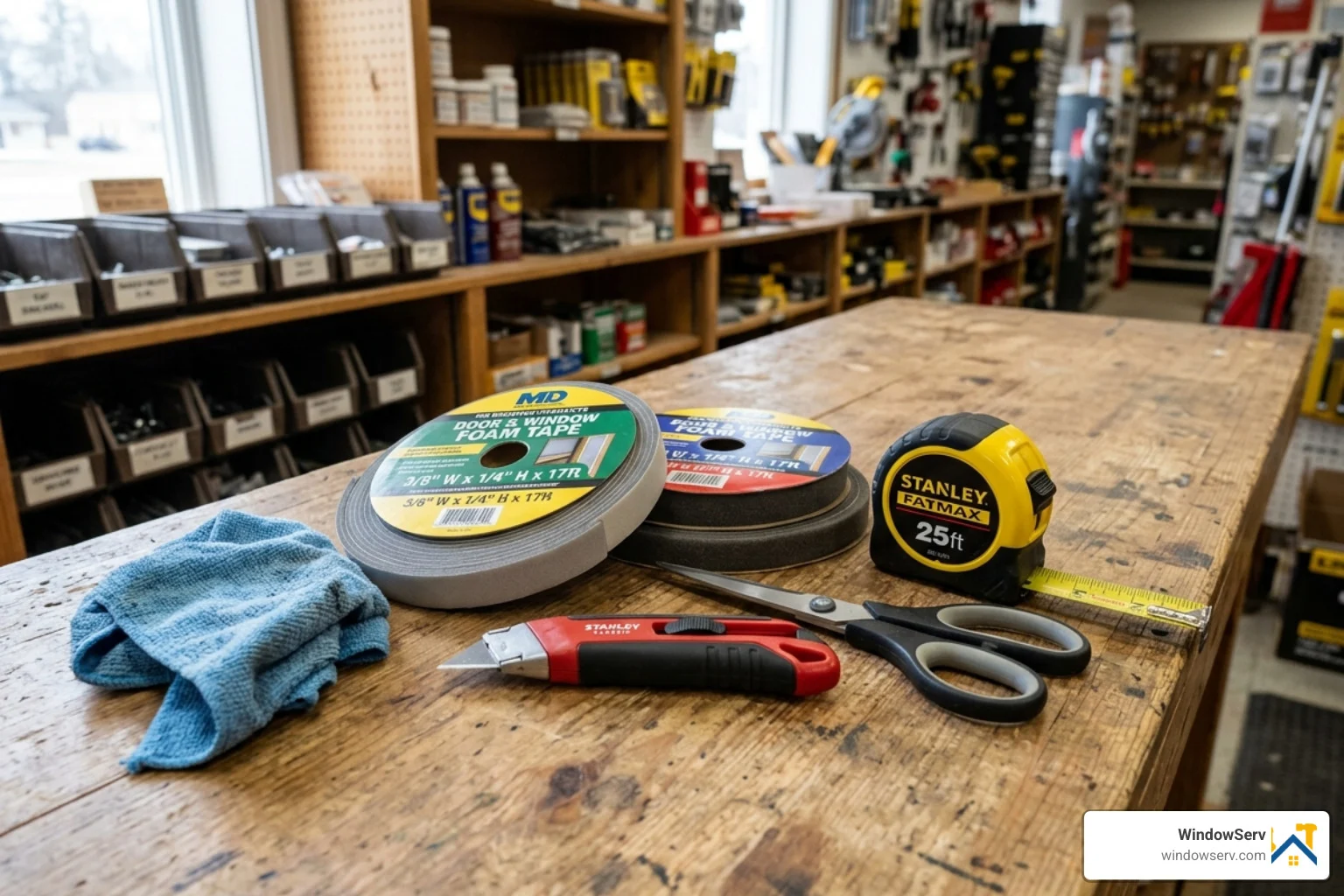 tools for window weatherstripping including utility knife, tape measure, and foam rolls - window weatherstripping replacement tools for window weatherstripping including utility knife, tape measure, and foam rolls - window weatherstripping replacement