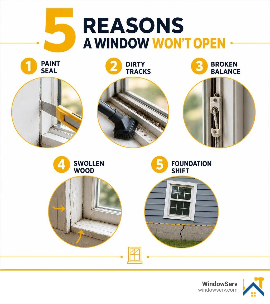 Infographic showing 5 reasons a window won't open: paint seal, dirty tracks, broken balance, swollen wood, foundation shift