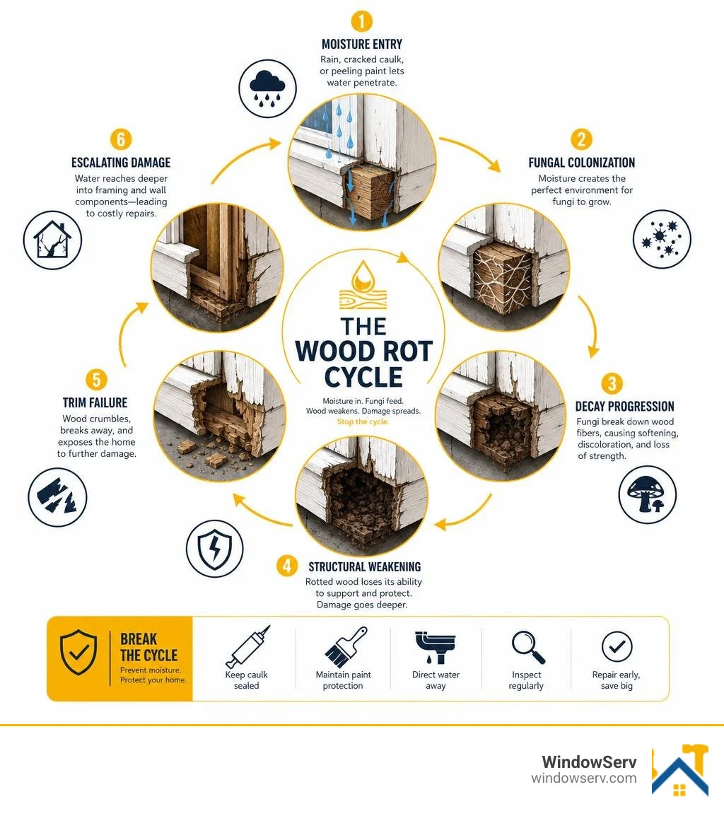 Wood rot cycle infographic showing moisture entry, fungal decay stages, and trim failure progression infographic