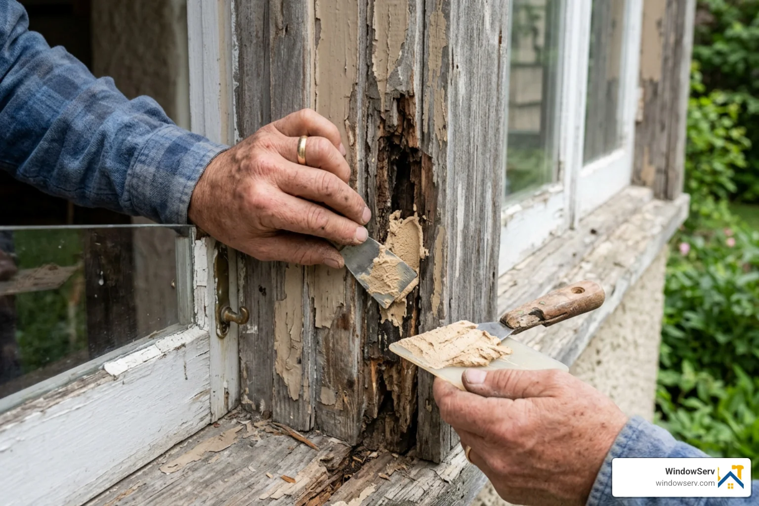 Applying epoxy wood filler to damaged window trim