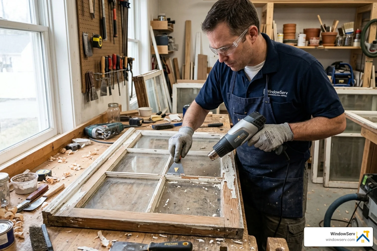 A WindowServ craftsman carefully stripping old paint from a historic sash using specialized tools - wood window refinishing