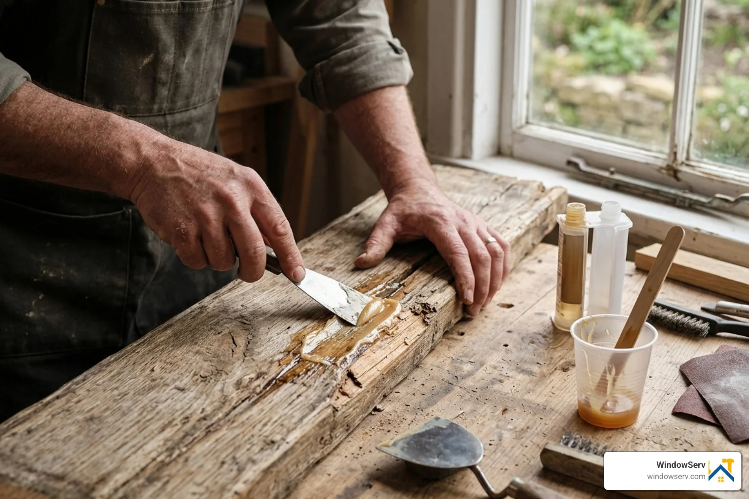 Epoxy wood repair being applied to a weathered window sill to restore its structural integrity - wood window refinishing