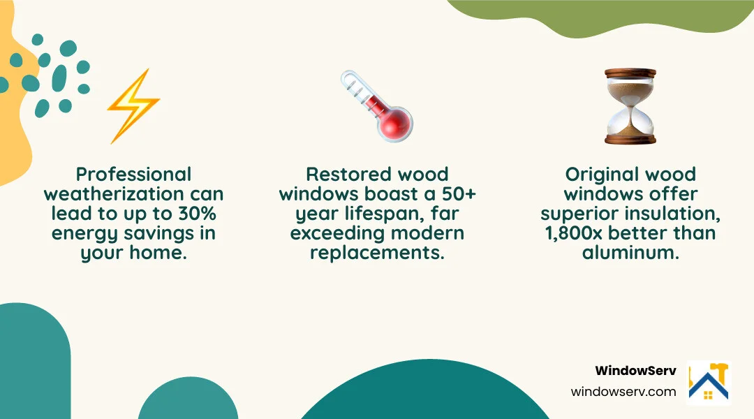 Infographic showing 30% energy savings and 1800x better insulation of wood vs aluminum - wood window refinishing infographic