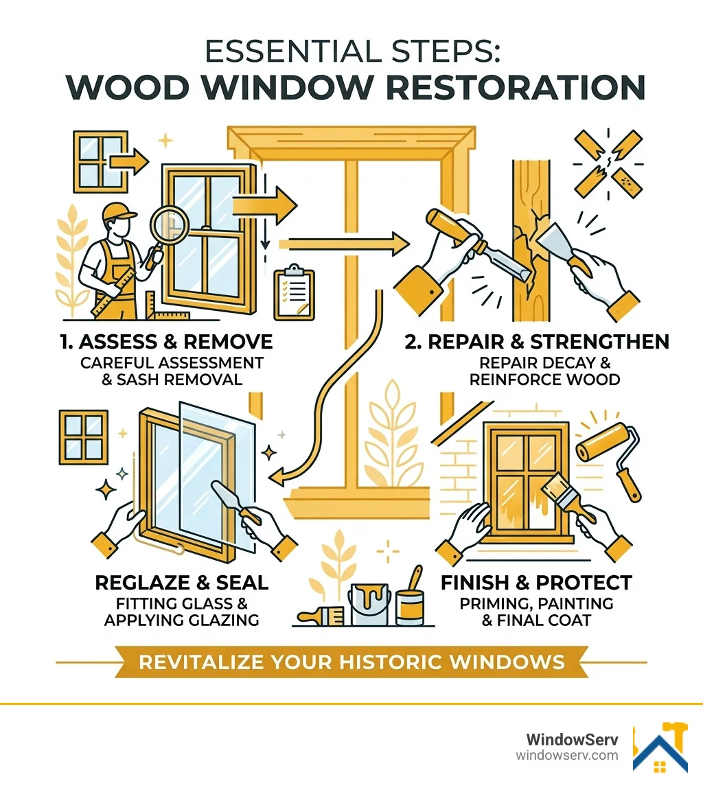 10-step wood window restoration process infographic showing assess, remove, deglaze, strip, repair, reglaze, prime 10-step wood window restoration process infographic showing assess, remove, deglaze, strip, repair, reglaze, prime