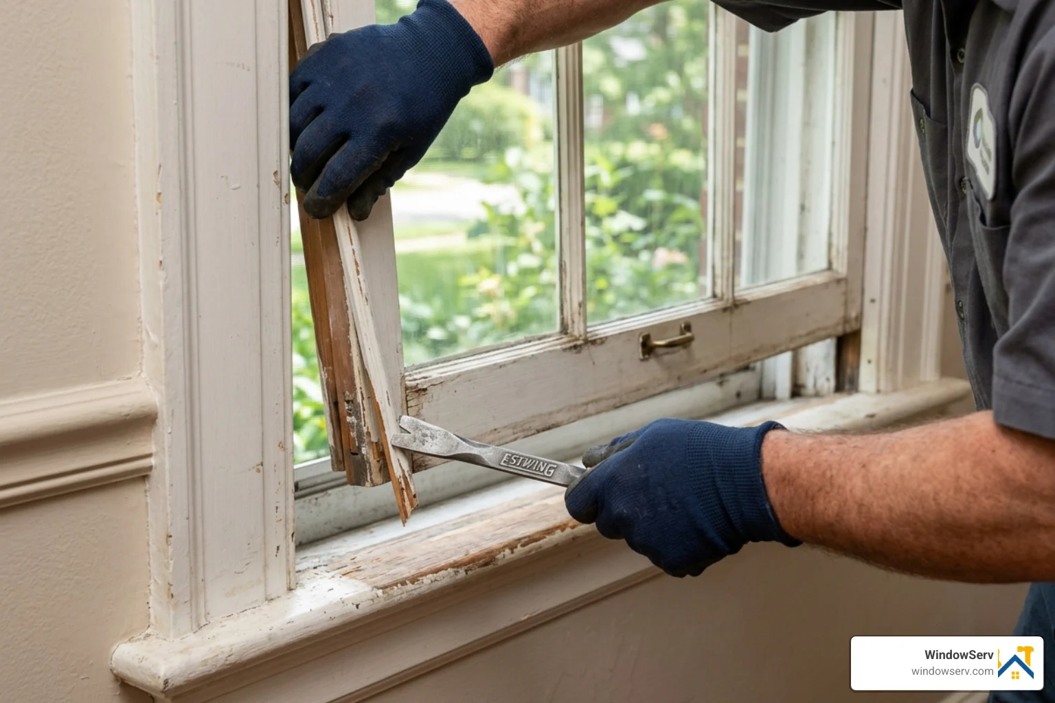 Technician carefully removing a wooden window sash from the frame - wooden sash window repairs Technician carefully removing a wooden window sash from the frame - wooden sash window repairs
