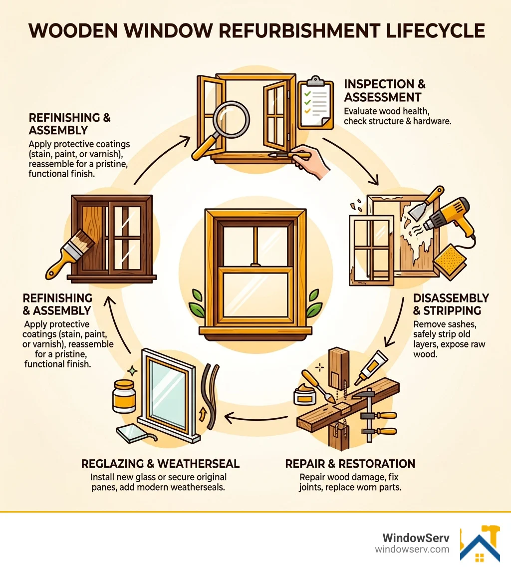 Wooden window refurbishment lifecycle from inspection to restored finish - wooden window refurbishment infographic Wooden window refurbishment lifecycle from inspection to restored finish - wooden window refurbishment infographic