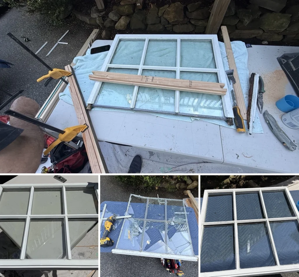 Damaged window sash before wood repair in New Jersey