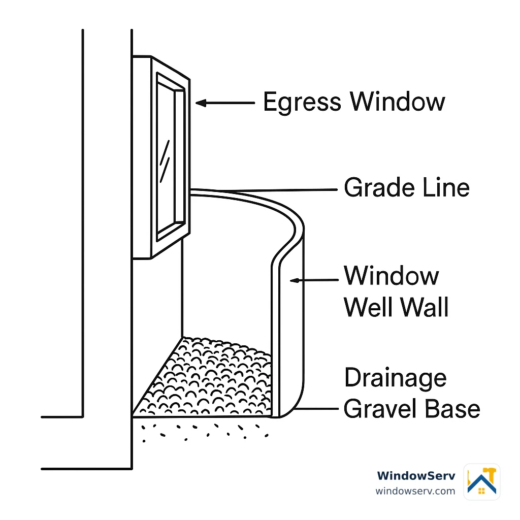 A cross-section view of a properly built window well, showing how depth and drainage work together below grade.