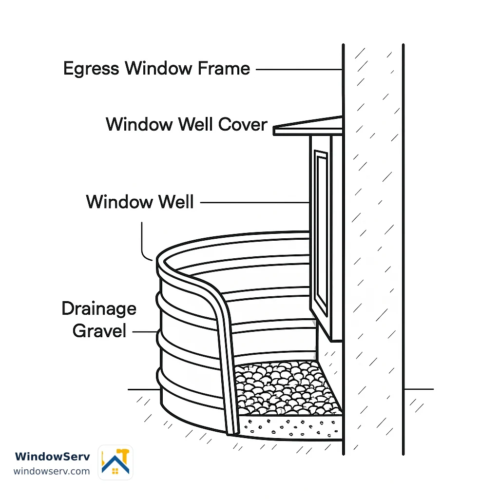 A properly built egress window well includes drainage below the window line to prevent water from pooling against the foundation.