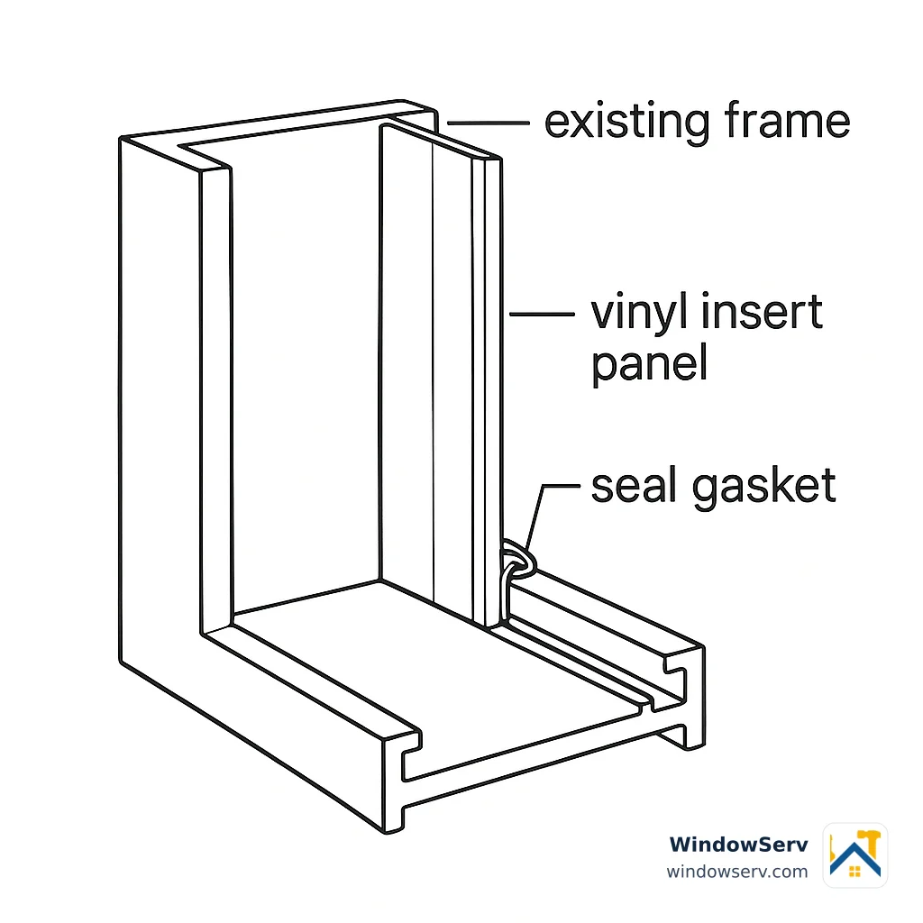 A simplified cross-section showing how a vinyl insert seats inside an existing window frame.