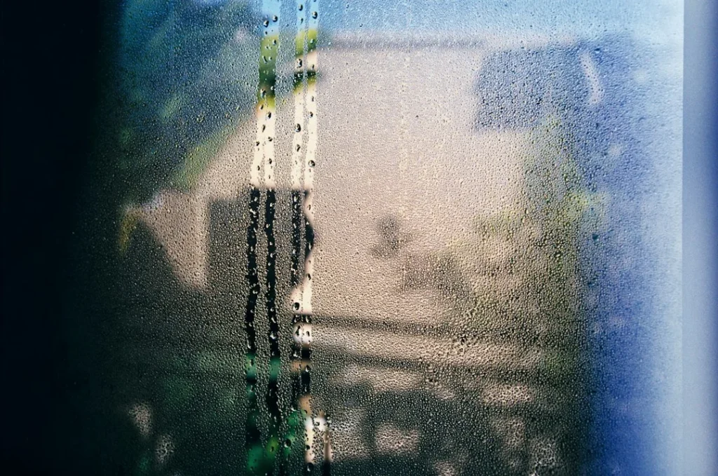 Condensation trapped between panes like this is the clearest sign of a broken seal, not a dirty window.