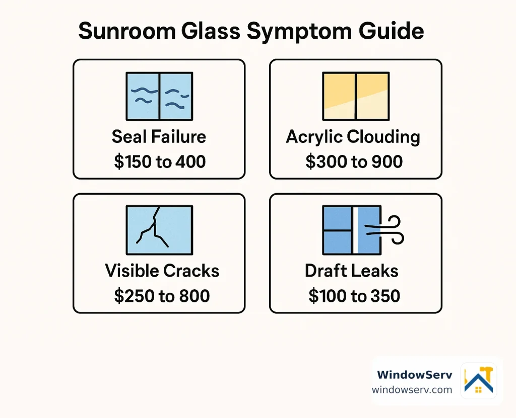 Each sunroom glass symptom points to a different repair path and a different cost range.