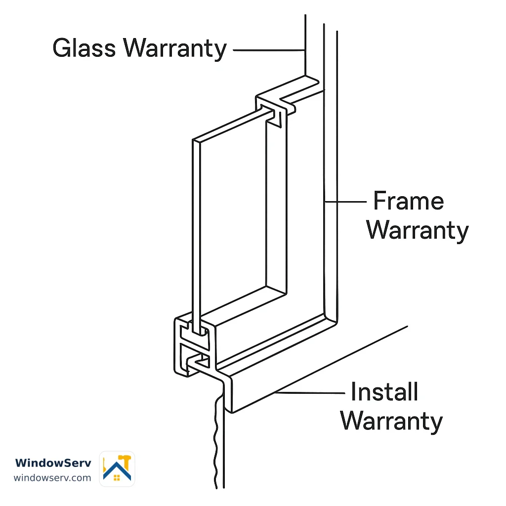 Glass, frame, and installation each carry a different warranty, and they rarely expire together.