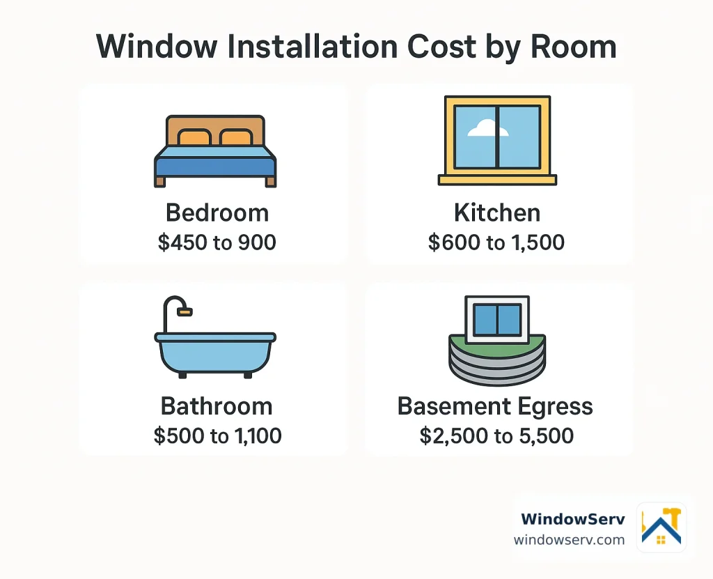 Installed window costs vary sharply by room, with basement egress projects costing the most due to code requirements.