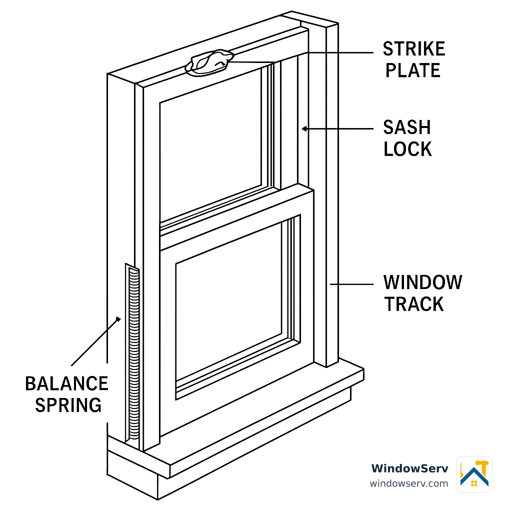 The sash lock, strike plate, balance spring, and track all work together, and a failure in any one of them can keep a window from closing.