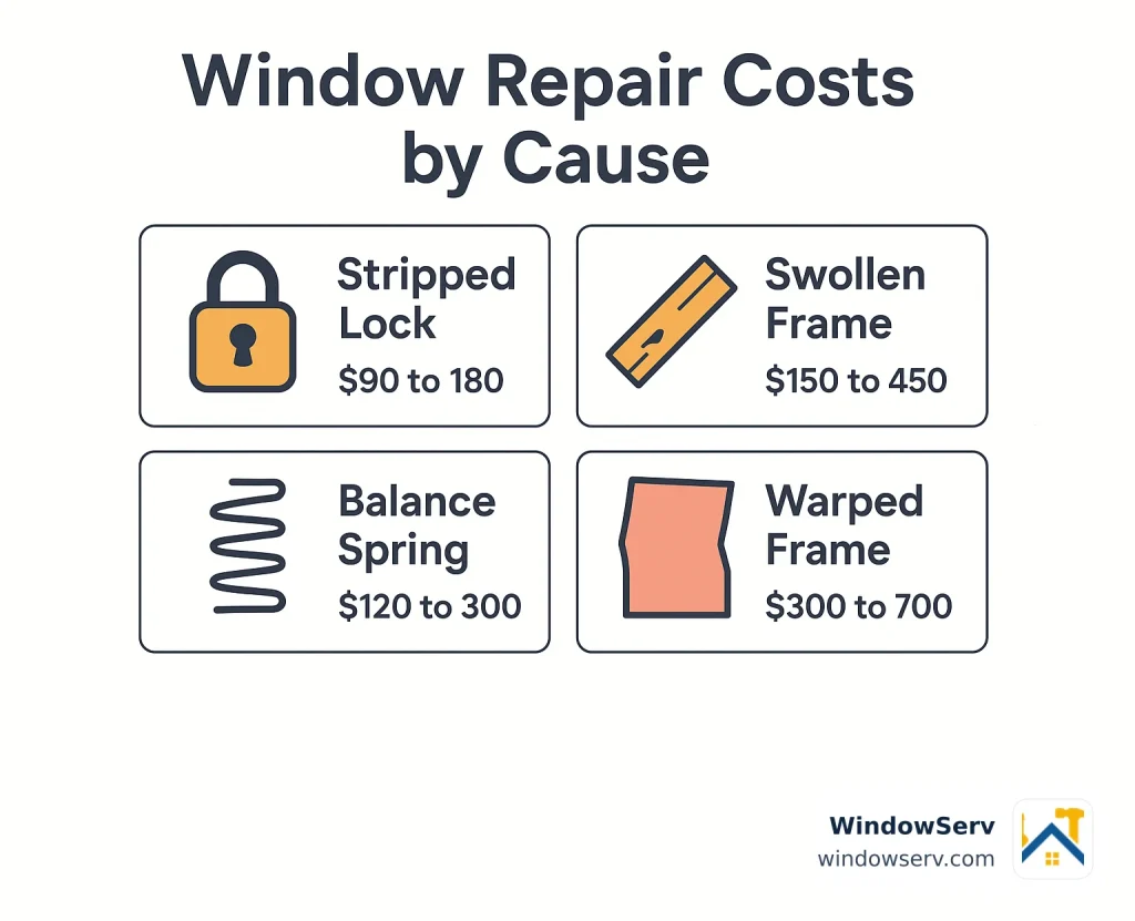 Typical repair costs vary widely depending on which component is actually causing the window to stick or fail to latch.